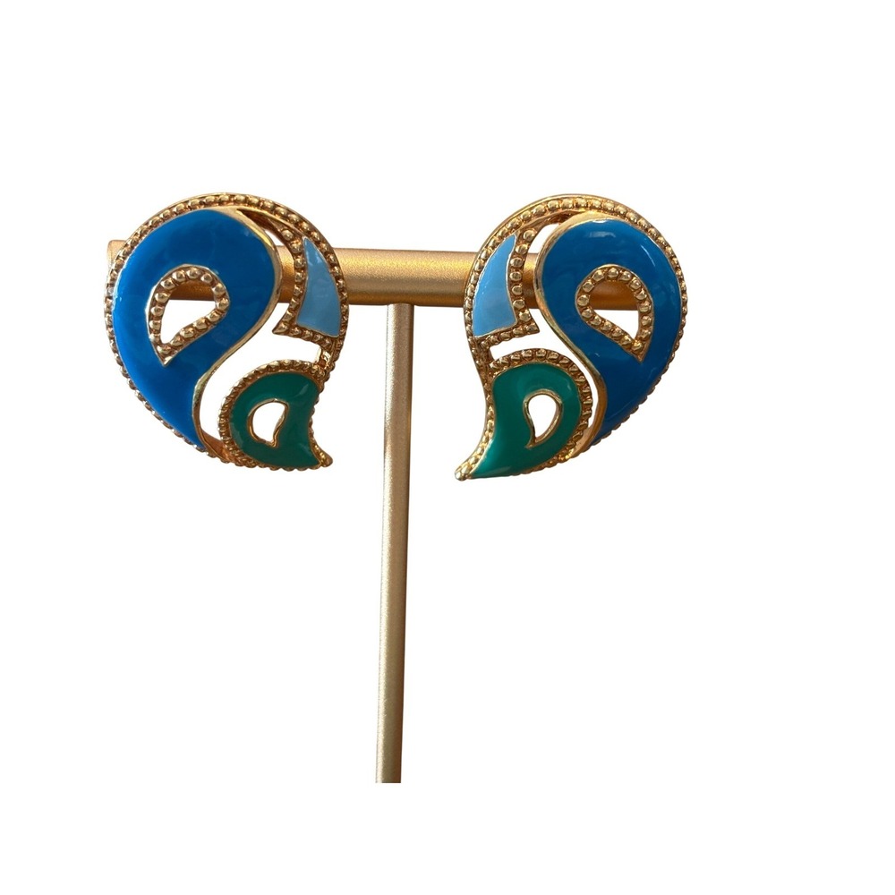 Avon Cloissone Pierced Paisley Enamel Gold Tone Earrings Blue Green